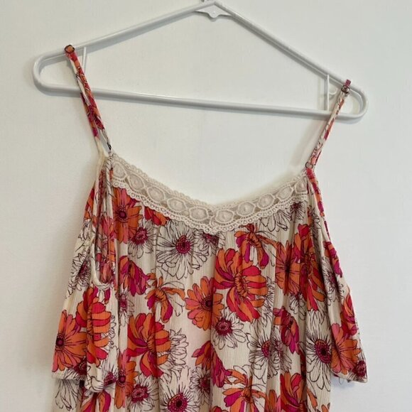 FOREVER 21 Cream Beige Pink Orange Floral Crochet Lace Cold Shoulder Crop Top M - Picture 10 of 11